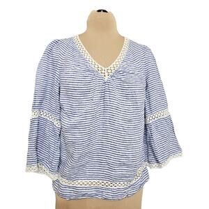 Chico's Top Blue White Striped Eyelet 3/4 Sleeve V Neck Medium Nautical